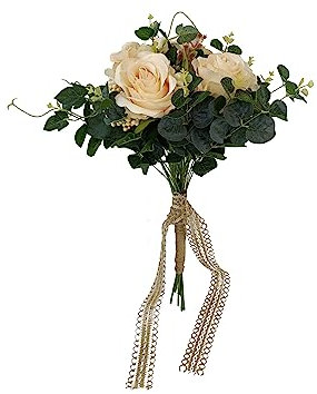 DRW Ramo de Novia Beige con Rosas y Flores Silvestres Ramo Artificial Bouquet Novia Beis 56x32Ø cm