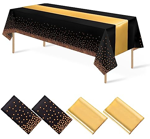 IOSPKKIO® 4er-Pack Einweg-Tischdecken aus Kunststoff und Satin-Tischläufer-Set, schwarz-goldene Punkte-Tischdecke, goldener Satin-Tischläufer für Abschlussfeier, Hochzeit