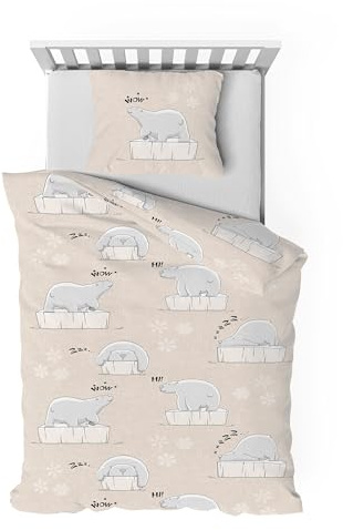 Träumschön Biber Bettwäsche Set 2tlg 135x200 cm + 80x80 cm – Flauschige Kinderbettwäsche Beige – Weiche Winterbettwäsche mit Eisbären - Atmungsaktiv, Warm & Hautfreundlich - 100% Baumwolle