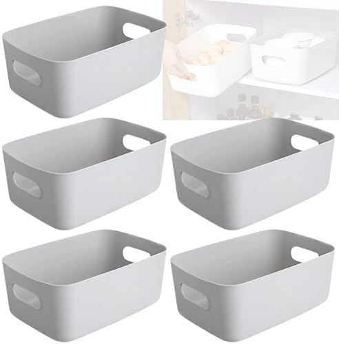 Pack of 5 Storage Baskets with Handle – Rectangular Home & Kitchen Organiser Strong Plastic Cupboard Storage Boxes 3 sizes (Large (30 x 20.5 x12.5 cm), 5 Pcs Grey)