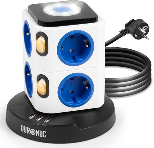 Duronic ET8L multiuttag | uttagstorn med 3 USB-portar och beröringskänslig nattlampa | 8-vägs uttag 3680W 16A | uttagslist med överspänningsskydd | kontakttorn med 1,8 m kabel