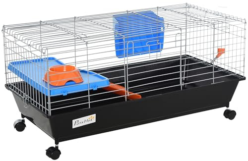 PawHut 35 L Small Animal Cage, Rolling Bunny Cage, Guinea Pig Cage with Food Dish, Water Bottle, Hay Feeder, Platform, Ramp for Chinchilla, Black