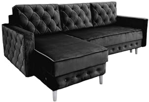 Ares Meble Ecksofa mit Schlaffunktion 227x144 cm - Ottomane Sofa L Form - L Couch 3 Sitzer - Schlafcouch mit Bettkasten - Samt Sofa Glamour - Chesterfield Sofas Ausziehbar - Weiße Beine - Schwarz