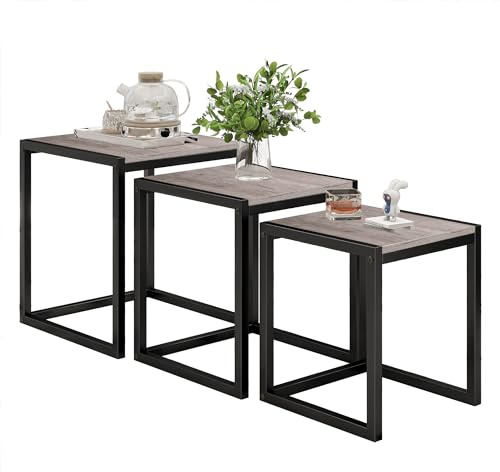 Diahomy Nesting Coffee Table, Set of 3 Stacking Side Tables, Grey | Coffee Tables forLiving Room, Square End Tables for Living Room, Bedroom Furniture,Office, Industrial Style, Metal Frame