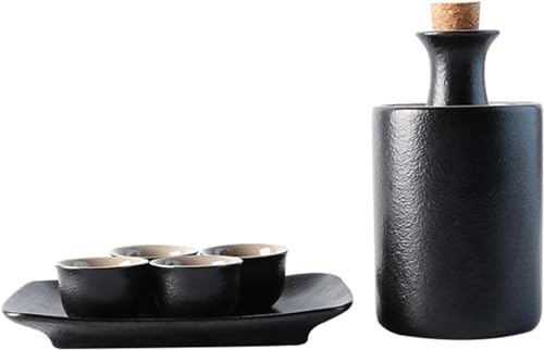 RWRAPS Sake Set, 7 Pack with 1 Sake Serving Bottle, 4 Sake Cups, 1 Wine Warmer Pot and 1 Tray – Ceramic for Gift,Brown,With gift box (Black 7pcs)