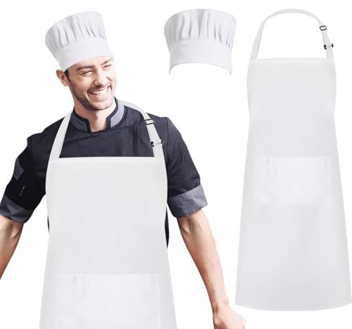 AIBAOBAO Küchenschürze, Kochmütze und Schürze Set, Verstellbare Schürze, Latzschürze mit Tasche, Backschürze Frauen, Kochschürze Weiß für Herren Damen, 70 * 65 cm,zum Kochen, Backen, Küche, Basteln