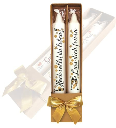 2er Set Geburtstagskerzen Kerzen – Hoch sollst du leben & Lass dich feiern - in Geschenkverpackung mit Schleife | Sprüche auf Spitzkerzen Stabkerzen mit Tattoofolie im Geschenkset