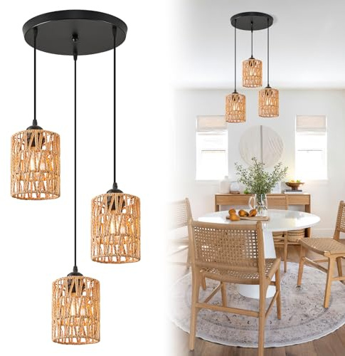KSIBNW Pendelleuchte Esstisch, 3 Flammige Schlafzimmer Hängelampe Boho Rattan Stoffschirm Wohnzimmer Pendellampe mit E27 Fassung Schwarz Esszimmer Lampe Hängeleuchte, Glühbirne Nicht Enthalten