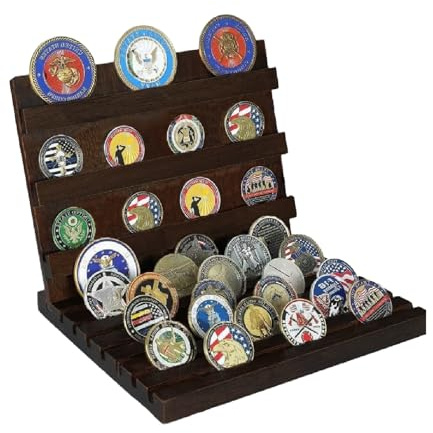 Expositor de Monedas, Vitrinas Expositoras Monedas Colecciones de 9 Filas, Capacidad 48-54 Medallas, Madera Exhibidor de Medallas Militares para Escritorio, Caja de Moneda de Desafío, 24 x 19 cm