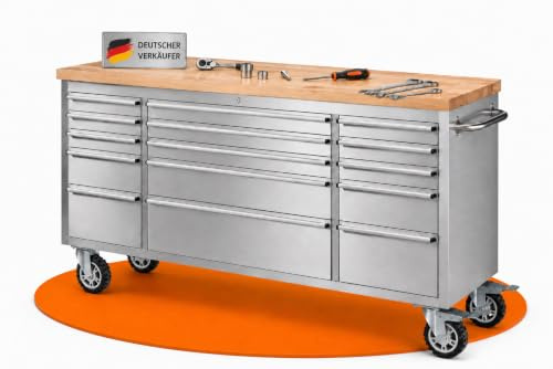Ondis24 Edelstahl-Werkstattwagen Werkzeugwagen mit 10 Leichtlaufschubladen & XL-Massivholzarbeitsplatte, Lenkrollen, unbestückt (Grau, 198 x 49 x 95 cm (15 Schubladen))