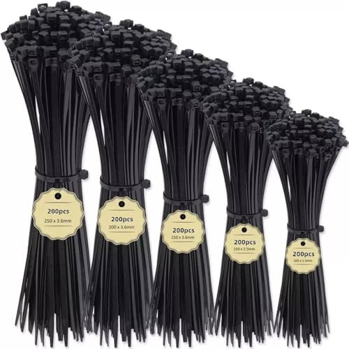 Cable Zip Ties,1000 Pack Black Cable Ties Assorted Sizes Zip tie 100/150/200/250mm 40LBS,Multi-Purpose Self-Locking Nylon Cable Cord Management,for Indoor and Outdoor Use