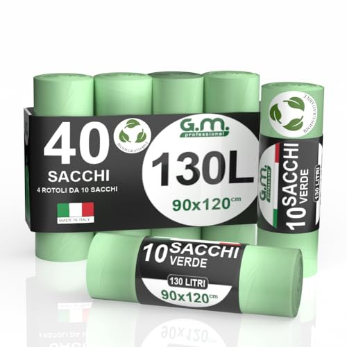 GM 40 Sacchi Spazzatura Verdi 90x120 cm Biodegradabili x Umido, Resistenti, 130 litri, Sacchetti Bio Compostabili x Ristoranti, Buste Immondizia per Rifiuti Organici, 4 Rotoli da 10 buste immondizia
