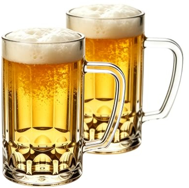 Komost 14oz Plastic Beer Mugs with Handle Set of 2, Reusable Unbreakable Beer Stein Drinking Cups for Party, Bar, Home, Hotel, Perfect for Whiskey, Juice, Cocktail Beverages