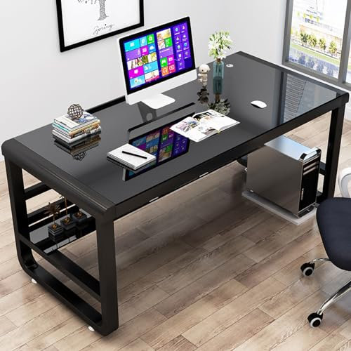 GLMGBP Computertisch aus gehärtetem Glas mit Ablageflächen – Moderner Schreibtisch mit Bücherregal, PC-Laptop-Tisch, Gaming-Schreibtisch