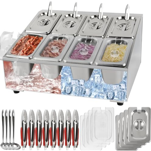 Kalolary 8 teglie Contenitori per Ingredienti, 2 file in Acciaio Inox con Coperchi e Cucchiai Supporto Inclinato Piano Lavoro Set Contenitori per Buffet Marmellate Frutta Ingredienti Cucina Ristorante