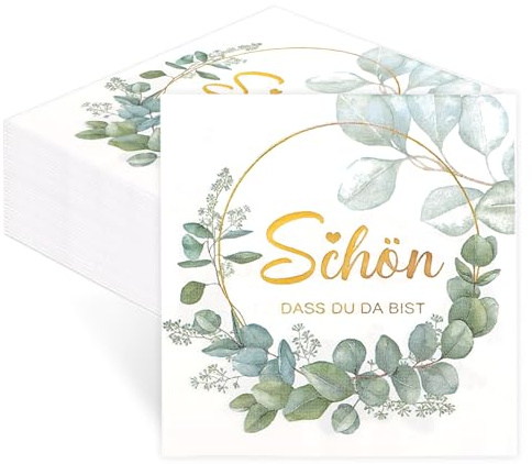 60 Stück Eukalyptus Grün Servietten Schön Dass Du Da Bist, Salbeigrün Grüne Serviettens Hochzeit Frühling, Tisch Dekorationen, 3-Lagige Papierserviette für Garten Party Geburtstag Taufe Kommunion
