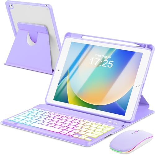 EAMPANG Custodia con tastiera e mouse per iPad 9a 8a 7a generazione 10,2, tastiera rimovibile retroilluminata arcobaleno 7 cover magnetica girevole con portamatite per iPad Air 3a generazione/Pro