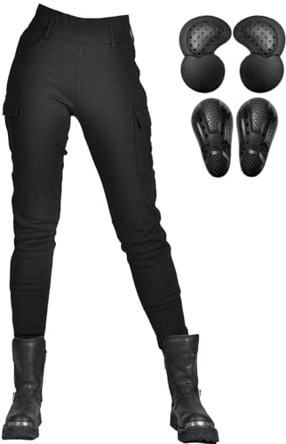 QIYUANT Damen Motorradhose mit Aramidfaser Motorrad Leggings Reiten Schutzhose Reißfester Stretch Vintage Casual mit Abnehmbar Verbesserter Rüstung Protektoren (Schwarz, M)