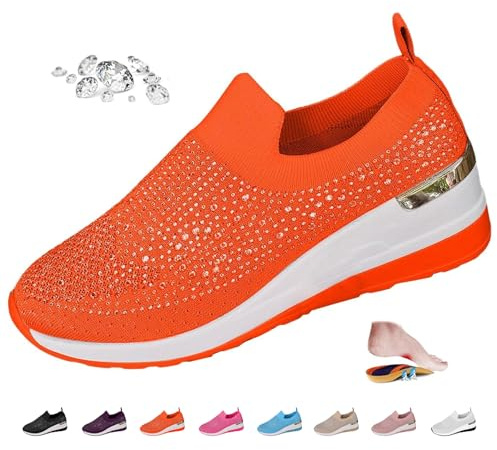 Sneakers da donna con zeppa glitterati con strass, alla moda, traspiranti, sneakers casual con zeppa e diamanti slip-on, sneakers con platform scintillanti, Arancione, 0 UK Wide