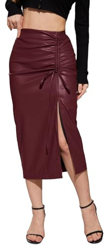 HERBATOMIA Women's Long Side Slit Skirt Faux Leather Midi Burgundy High Waisted Work Trendy Split Casual Bodycon Going Out Pencil Skirts for Women