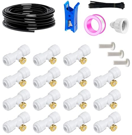 HUAZIZ Brumisateurs pour terrasse extérieure, système de brumisation de jardin, système d'irrigation, tuyau de brumisation de 20m 6mm+15 buses de brumisation en T blanches, système de brumisation