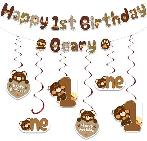 Bär Deko 1. Geburtstag Junge Mädchen - 7 Stück Geburtstagsdeko Happy Birthday Girlande und Hängende Wirbel, Niedlich Braune Bären Banner für Kindergeburtstag Dekoration