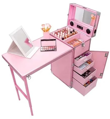 Manicure Table Station Foldable Work, Por, Professional Expanded Nail Desk, Modern Rolling Art Nail Booth for Outdoors, Mobile Accessories, Travel Art Nail Desk,Pink