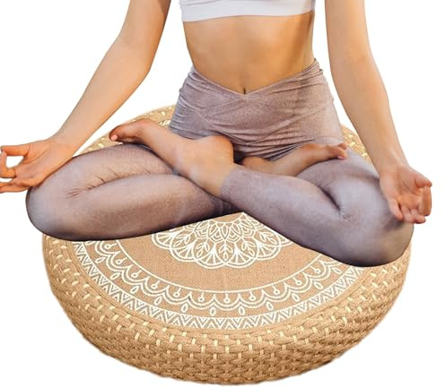 Frfik Rundes Sitzkissen – Jute-Baumwollfaden Bodenkissen im japanischen Stil, 40 cm Bodenkissen für Erwachsene | Handgefertigte Tatami- -Kissen im Boho-Stil, ideal für Wohnzimmer, Teestube