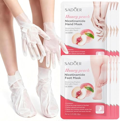 Foot Peel Mask + Hand Mask Set - 8 Pack GiftGem Exfoliating Care for Hard Skin, Hydrating Repair Gloves Socks, Softening Smoothing Home Spa Kit, Peach fragrance