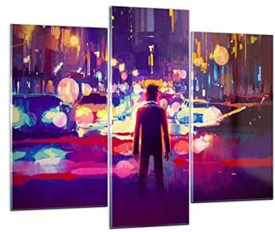Mehrteilige Bilder auf Glas 130x100cm Glasbild futuristisch Grafik Stadt Beleuchtung Groß Wanddeko Schlafzimmer Küche Set 3 teilige Wandbilder Dekoration Wohnzimmer Modern Wand Art GCB130x100-3189