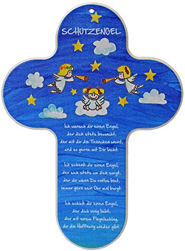 Kaltner Präsente Geschenkidee - Kinderkreuz Kreuz für das Kinderzimmer Schutzengel Engel Echtholz Natur Buche mit Buntdruck (Höhe 20 cm)