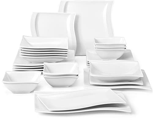 MALACASA Plates and Bowls Sets, 26 Pieces Ivory White Porcelain Dinnerware Sets without Mugs, Square Dinnerware with Dinner Plates, Bowls and Serving Platters, Modern Dish Set for 6, Series Flora