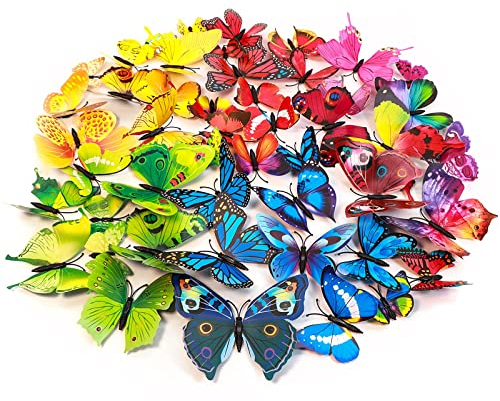 Imbry 72 Stück 3D Schmetterling Aufkleber Wandsticker Wandtattoo Wanddeko für Wohnung, Raumdekoration Klebepunkten+ Magnet (12 Blau + 12 Colour + 12 Grün + 12Gelb + 12 Rosa + 12 Rot) (Schmetterling)