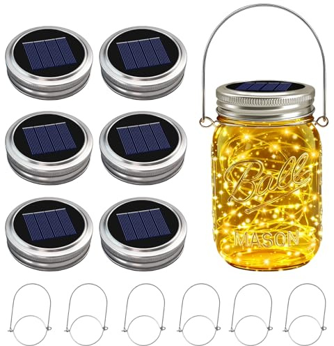 6 Pack Solar Mason Jar Lights for Outside, 30 LED Solar Mason Jar Lids Fairy Lights with 6 Hangers(No Jars) Outdoor Waterproof for DIY Patio Garden Yard Lawn Party Wedding Decoration Warm White