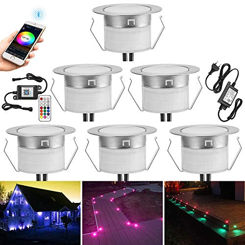 SUBOSI Lot de 6 luminaires encastrés au sol Bluetooth RGB LED à l'extérieur 0,5 W Ø45 mm IP67 étanche LED spots encastrés patio cuisine jardin lampe led