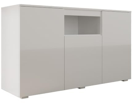 MB Muebles Bonitos, Buffet Nevada avec 3 Portes pour Salon et Salle à Manger, Meuble Moderne en Mélamine Brillante, Couleur Blanc, 140x82x40 cm