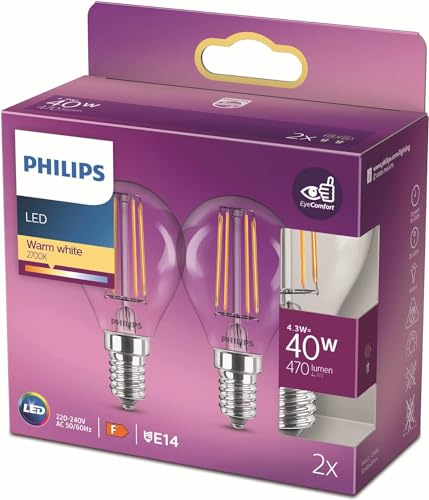 Philips LED Lampadina LED Sfera Filamento, equivalente a 40W, Attacco E14, Luce Bianca Calda, Non dimmerabile, 4.3 W, Warm White, 2 pack