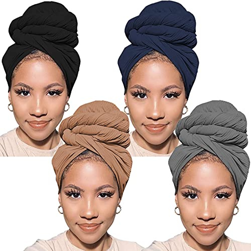 XTREND 4 Stück Stretch Jersey Turban Head Wrap Knit Headwraps Urban Hair Scarf Solid Color Breathable Ultra Soft Extra Long Head Band Tie for Women
