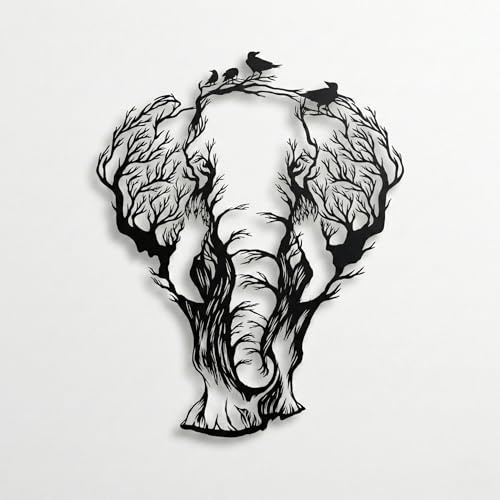 DEKADRON Metall-Wanddekoration, Elefant und Vögel, Heim- und Wohnzimmerdekoration, Wandschild, Metallwandkunst, Innendekoration, Aufhänger für drinnen und draußen (59 x 75 cm)