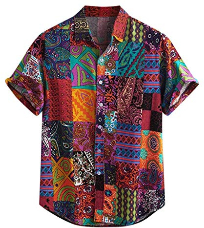 Yowablo Men's Colourful Summer Short Sleeve Loose Button Casual Hawaiian Shirt