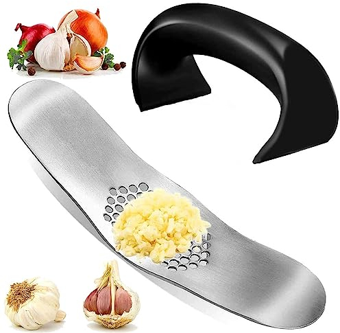 2Pcs Prensa de Ajos de Acero Inoxidable,Cortador de Ajos de Acero Inoxidable Trituradora de Ajo Rocker Gralic Press Con función de abrebotellas,para Cebolla y Ajo Cocina Casera Fácil de Limpiar
