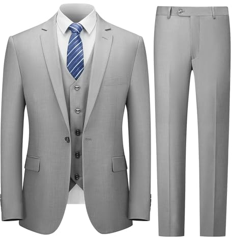 Cooper & Nelson Completo da Uomo Aderente, 3 Pezzi, Giacca a Tinta Unita con Un Bottone, Pantaloni, Gilet e Cravatta, Set da Smoking, Grigio Chiaro, XX-Large