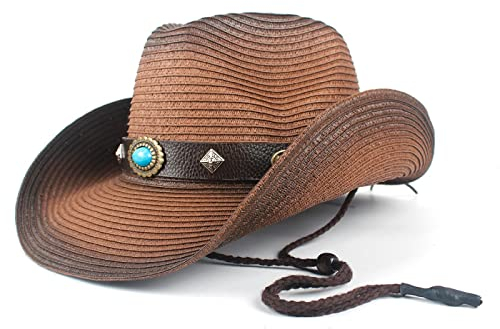 QBQZXAOSOWH Fedora Trilby Cowboyhut Frauen Hohl Western Cowboyhut Dame Stroh Sombrero Beach Cowgirl Jazz Sonnenhut Größe 57-59Cm Darkcoffee