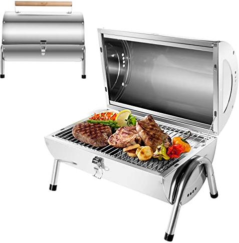 SunJas Edelstahl Klappgrill Holzkohlegrill, BBQ Grill Doppel Grillfläche 34x21.5 cm, Tischgrill Campinggrill für Outdoor Kochen, Camping und Picknick