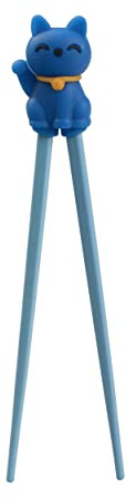 TOKYO design studio ESS-Stäbchen für Kinder, blau, 22 cm, mit süßer Glücks-Katze als Halterung für Anfänger, Stäbchen auswechselbar