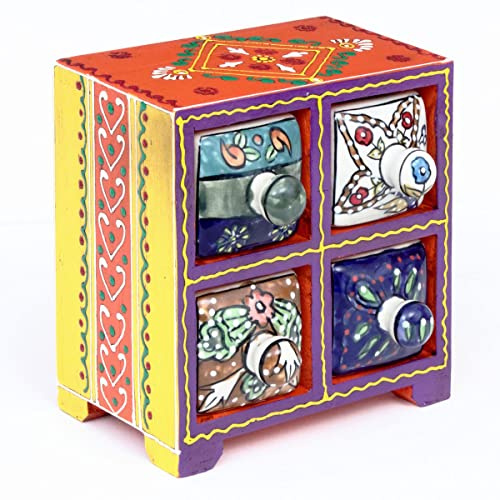 Especiero Indio Multicolor Decorativo de Madera y Cerámica con 4 Cajones. Cajas Multiusos. Regalos Originales. Menaje de Cocina y Despensa. Decoración Hogar. 16 x 11 x 16 cm