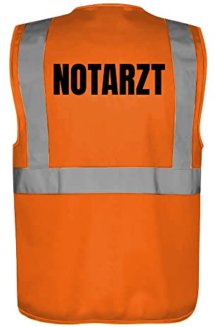 Fassbender-Druck WARNWESTEN - Sicherheitsweste ORANGE mit Taschen und Reißverschluss nach EN ISO 20471 zertifiziert - Warn Weste für NOTARZT - Unisex mit hochwertigem Reflektorstreifen