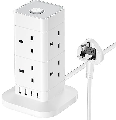 Tower Extension Lead with USB Slots, Hotimy 8 Way 4 USB (2 USB-A&2 USB C) Multi Plug Extension Tower，Surge Protected Extension Lead with Switch, 2 Meters Extension Cable for Home Office 13A 3250W