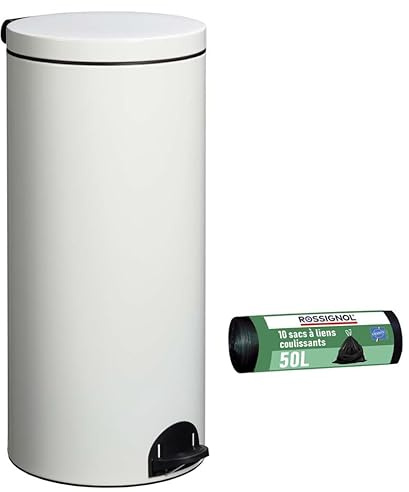 ROSSIGNOL Poubelle de cuisine à pédale et 10 sacs-poubelle, Capacité 30L, Fabrication française, Seau intérieur amovible avec anse, Pratique ELORA