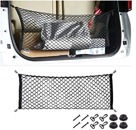 Rete di stoccaggio in nylon, rete di immagazzinaggio estensibile per il bagagliaio dell'auto, rete di immagazzinaggio universale per la maggior parte delle auto, veicoli, Suvs con 4 ganci (110 x 40cm)